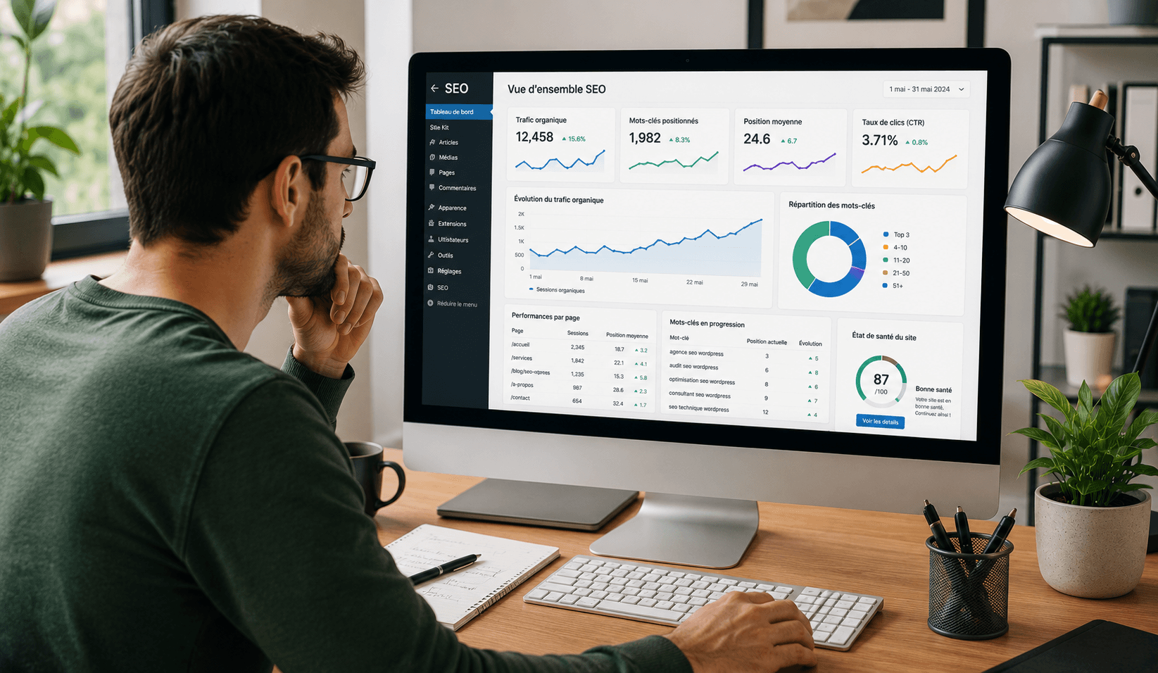 Consultant SEO WordPress analysant les donnees de positionnement Google sur un ordinateur -