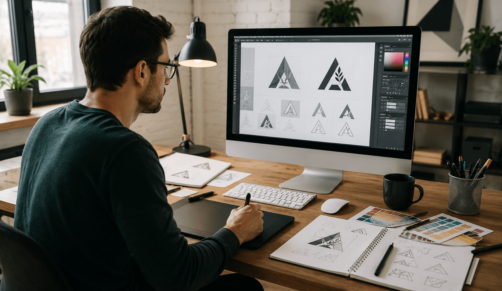 Designer graphique travaillant sur création identité visuelle charte graphique