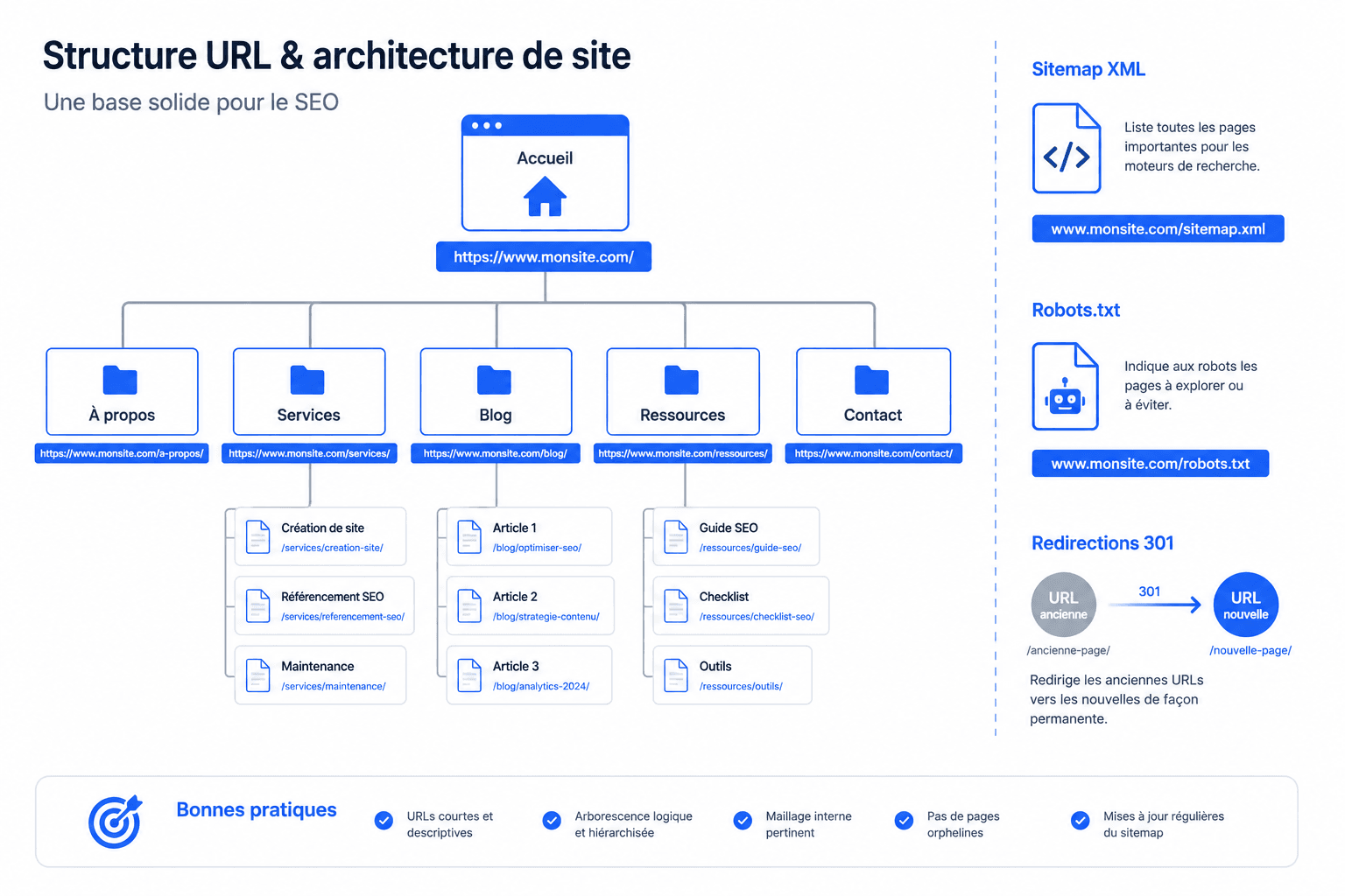 Schéma architecture URL et structure site web optimisée pour crawlabilité SEO