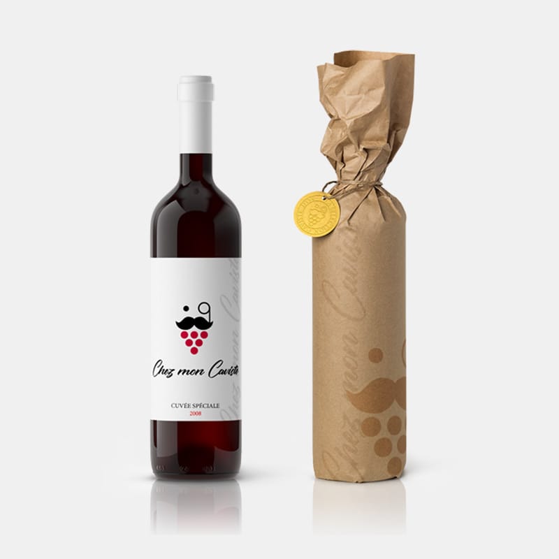 Bouteille étiquetée et emballage cadeau kraft Chez mon Caviste