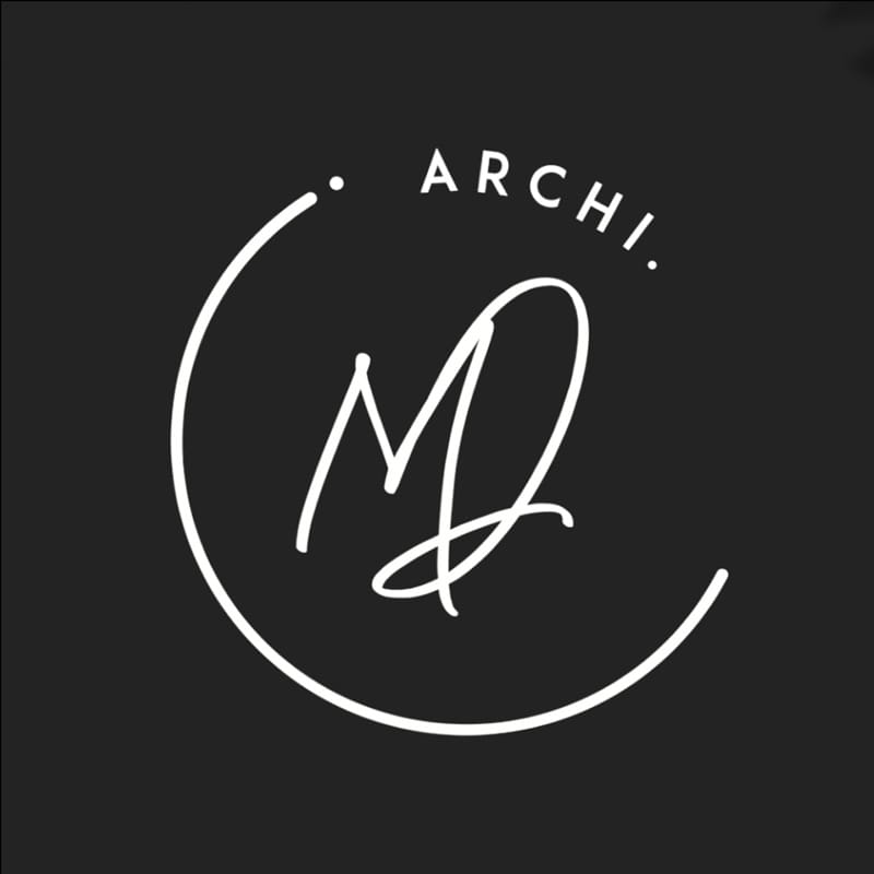 Logo MD Archi en signature blanche cerclée sur fond noir