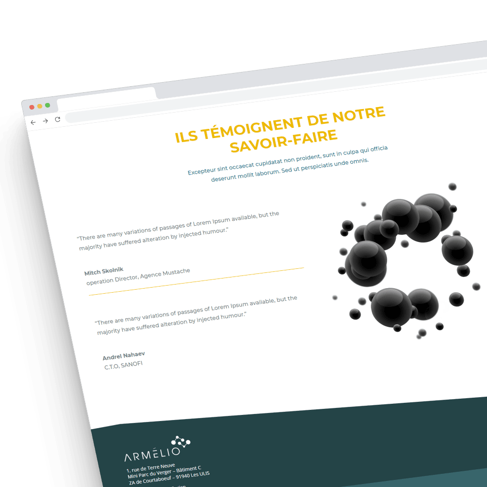 Page contact du site Armélio avec atomes en 3D