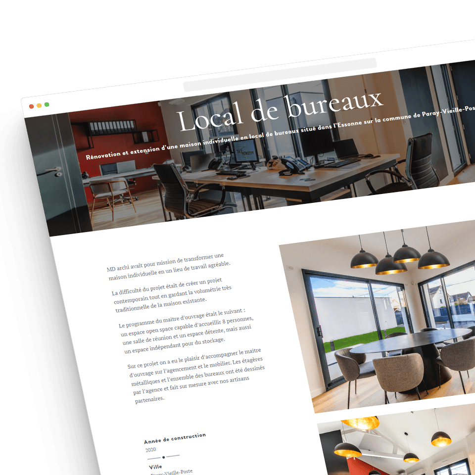 Page locaux de bureaux du site MD Archi